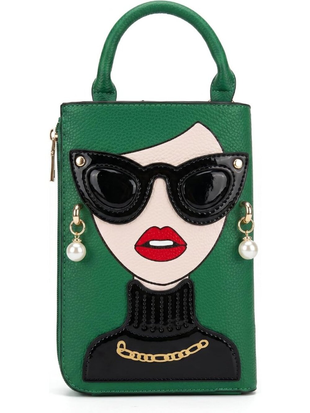 Women Green White Novelty Lady Face PU Leather ShoulderBag Handle Satchel Clutch